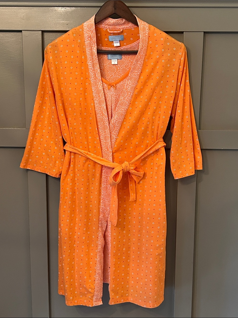 Celestial Dreams Pajama Nightgown Robe Matching Set Orange Floral Paisley Medium